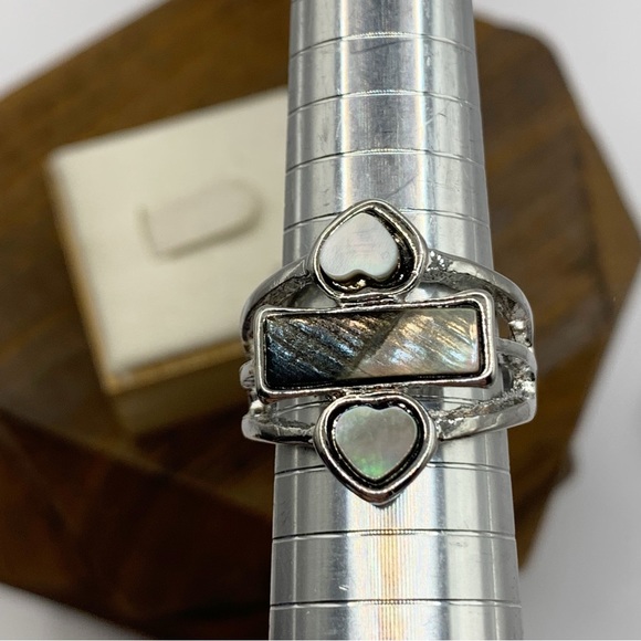 Abalone double heart ring silver tone NEW sz 8 - Picture 4 of 7